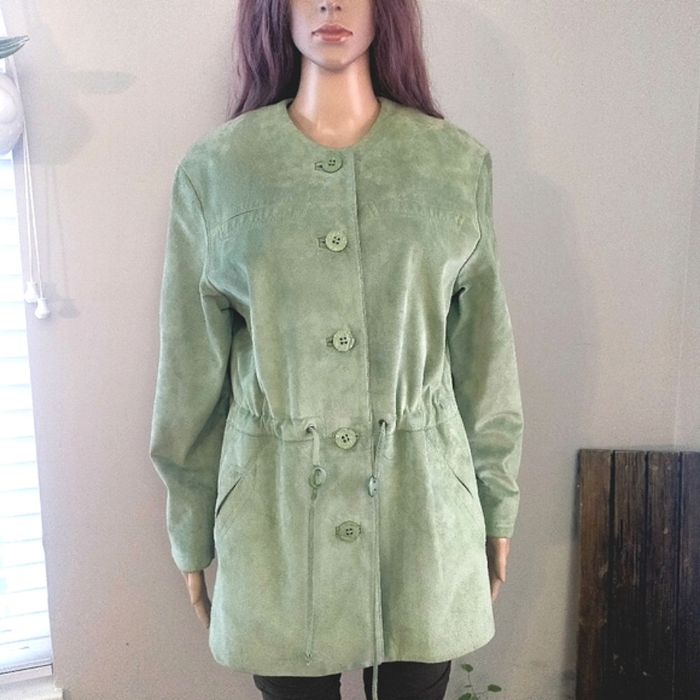 Danier Apple Green Genuine Suede Leather Coat Draw String Waist Jacket Oversized